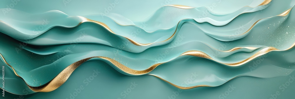 Poster Soft aqua waves with golden highlights undulate smoothly across the surface, evoking a sense of serenity and elegance in a tranquil setting