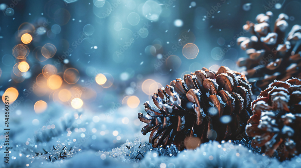 Poster two pine cones laying in the snow on a cold winter night with falling snow and bokeh lights in the b