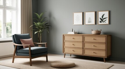 Modern living room with wooden drawers and stunning painting on wall