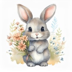 Fototapeta premium cute little rabbit with flowers, watercolor style illustration, Easter clipart with cartoon character good for card and print design