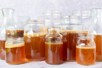homebrew fermented drink Kombucha in a glass bottle jar, Kombucha SCOBY 