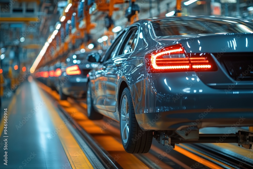 Poster a series of silver cars moves along the automated assembly line in a bustling factory. workers are a