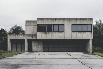 Brutalist Concrete House with Overcast Sky