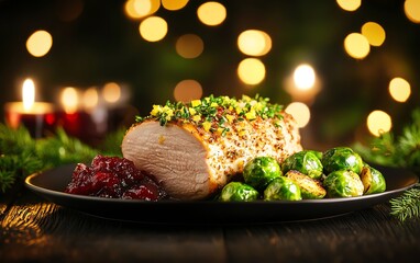Roasted turkey breast with a citrus herb rub, served with a side of roasted Brussels sprouts and cranberry sauce