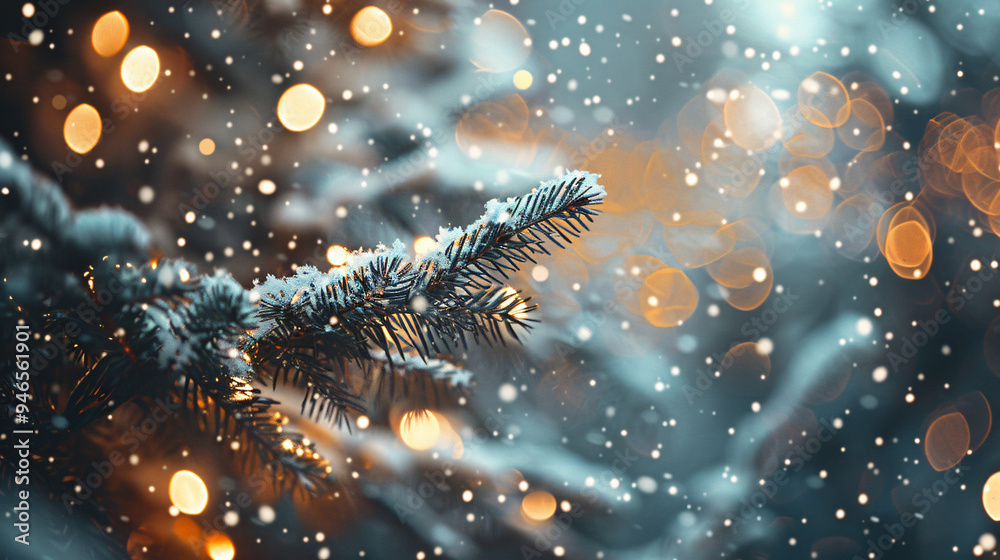 Aufkleber snow-covered christmas tree branch with glowing golden bokeh lights in the background