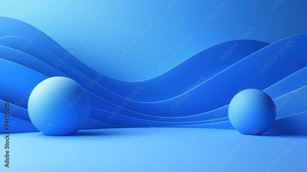 Poster Two blue spheres rest on a smooth surface, surrounded by soft, undulating waves in various shades of blue, creating a tranquil and modern abstract setting