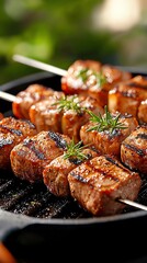 Saltbush seasoned lamb kebabs, grilled to perfection, served on a rustic plate with charred vegetables, capturing the rugged beauty of the Australian landscape