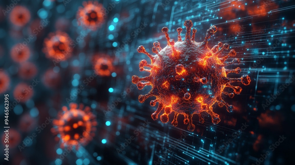 Poster the display showcases holographic models of viral structures, emphasizing the complexity and details