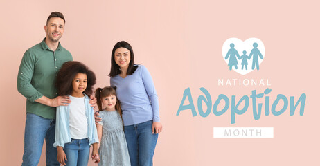 Happy couple with little adopted children on color background
