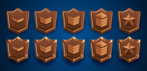Level rank woody badges collection. Military patent, spikes, stars, 3d, flat style. Wood emblem. Adventure, fantasy. Woody, brown color. Easy edit. Perfect for games.