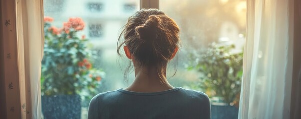 A person looking out the window with a distant expression, coping with the challenges of chronic pain and illness