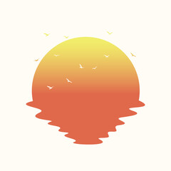 Sunrise and flying birds aesthetic square illustration poster. Abstract aesthetic sea sunset landscape logo