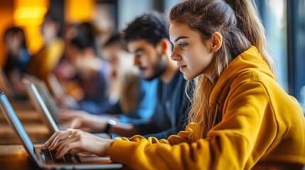 Young Woman Typing on Laptop in Cafe