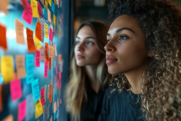 Two young businesswomen brainstorming using adhesive notes in an office, Generative AI