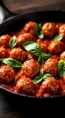 Fototapeta premium Turkey meatballs in a rich tomato basil sauce, presented in a cast iron skillet with fresh basil leaves