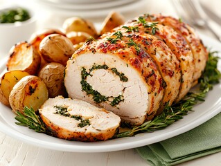 Turkey roulade with spinach and feta cheese, sliced and displayed on a white platter with roasted potatoes