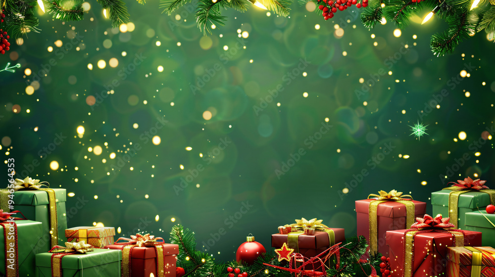 Poster christmas gifts under twinkling fairy lights and fir branches on a shimmering green backdrop with bo