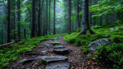 A forest path with a stone walkway and a few trees