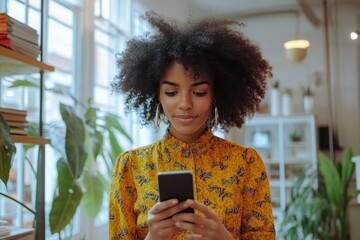 Successful afro-haired woman in modern office using smartphone, Generative AI