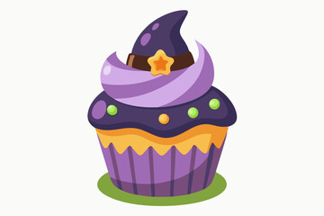Halloween witch cupcake, watercolor clipart illustration with isolated background.
