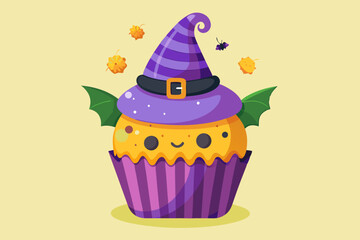 Halloween witch cupcake, watercolor clipart illustration with isolated background.
