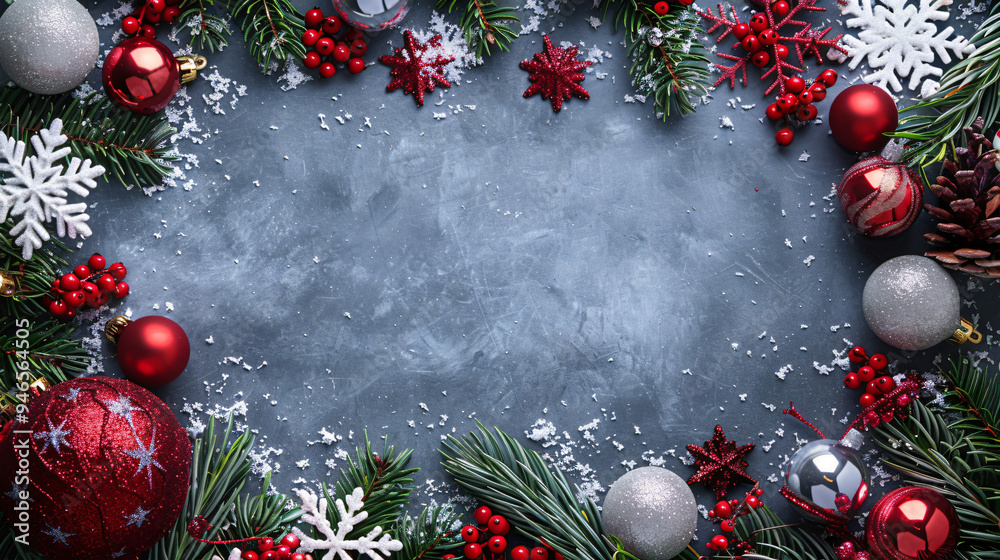 Poster christmas decoration border surrounding a rustic background with space for greetings