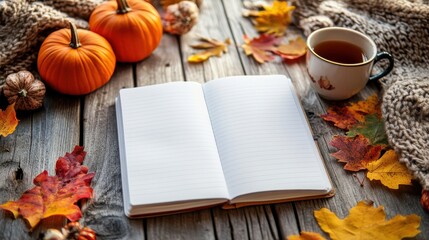 Open blank notebook on a rustic table surrounded by pumpkins, leaves, a cozy blanket, and a cup of tea