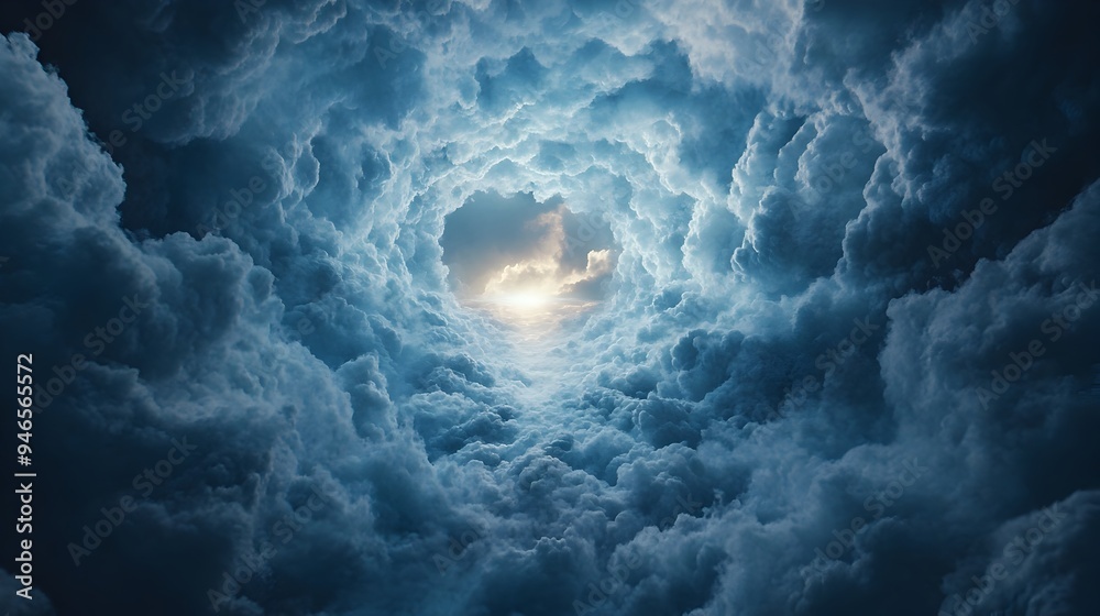Poster conceptual image of wispy clouds forming a tranquil tunnel like passage leading toward a distant bri