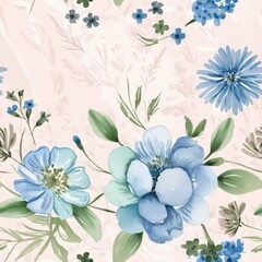 Fototapeta premium Charming seamless floral pattern with blue flowers and a soft beige background, elegant and airy