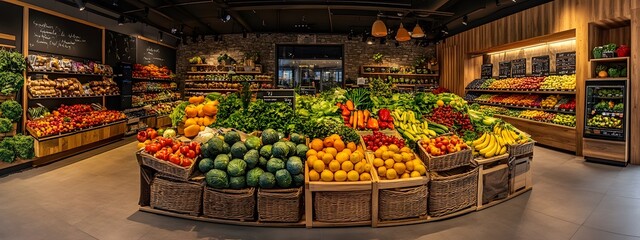 Obraz premium Fruit and vegetable display in organic grocery store with wooden boxes of fresh produce, fruit trees, greenery, interior design of modern grocery shop, architecture photography, warm lighting