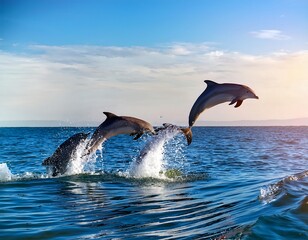 Fototapeta premium dolphins jumping water poster copy space