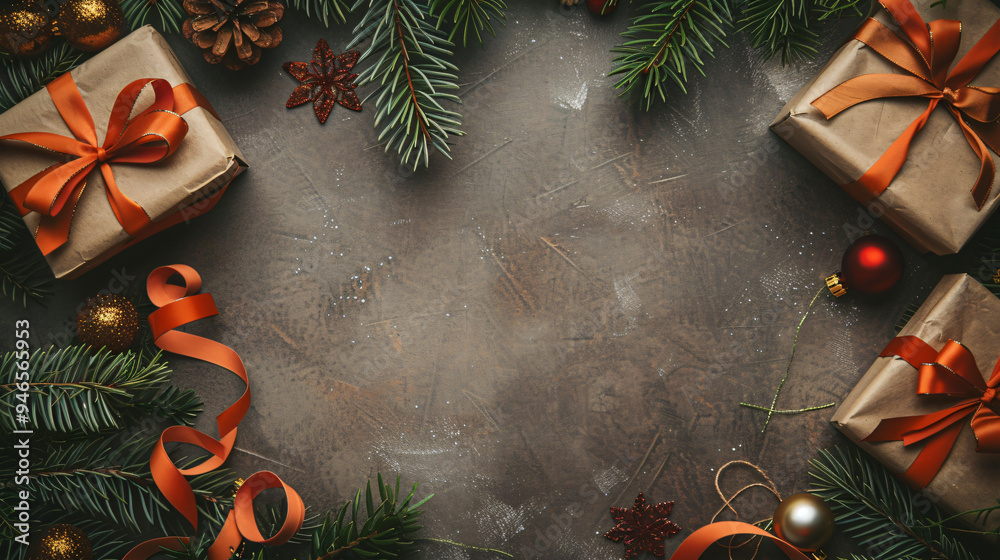 Poster christmas background with gifts, baubles and fir branches forming a frame on a rustic concrete backg