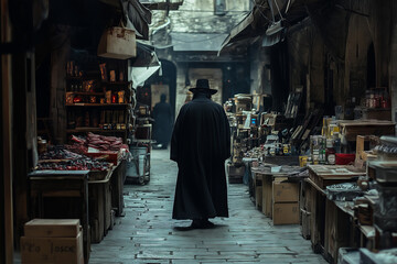 Naklejka premium A modern Dracula wanders through an ancient marketplace, discovering hidden treasures in a winding cobblestone alley