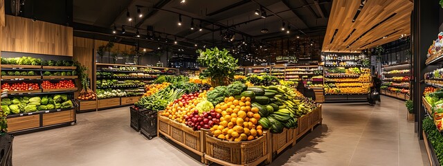 Fruit and vegetable display in organic grocery store with wooden boxes of fresh produce, fruit trees, greenery, interior design of modern grocery shop, architecture photography, warm lighting