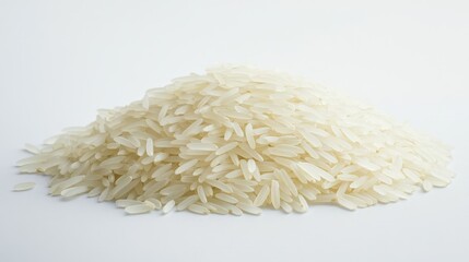 Obraz premium Close-up of basmati rice grains in a neat pile on a white surface, showcasing their long, slender shape and polished finish, no people.