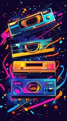Obraz premium A collection of colorful cassette tapes is arranged vertically, set against a vivid and dynamic abstract backdrop reflecting 80s music culture