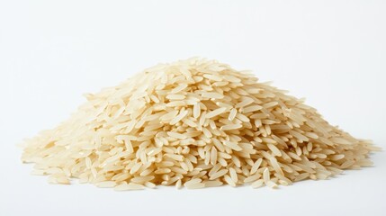 Close-up of basmati rice grains piled together in a small mound on a white background, showcasing their long, slender shape and polished finish, no people.