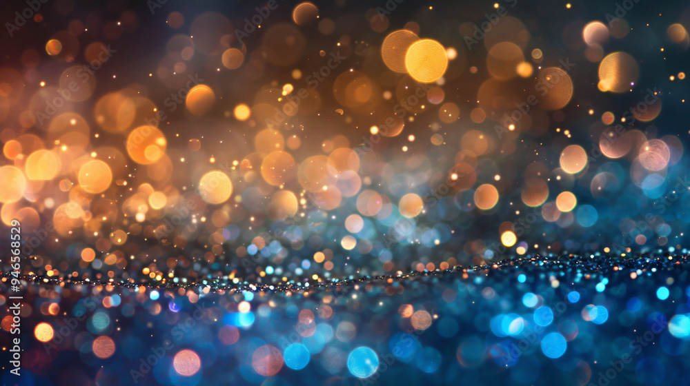 Poster Abstract christmas background with golden lights and blue bokeh creating a festive atmosphere