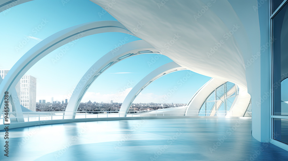 Poster Abstract architecture scene with smooth curves. Abstract background with futuristic building in white and blue colors.