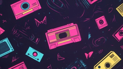 Fototapeta premium The design showcases vibrant cassette tapes in various colors scattered across a dark background, evoking a sense of nostalgia