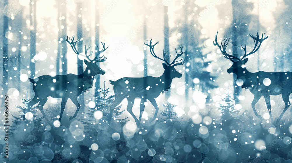 Poster Three deer strolling through a winter forest with bokeh lights in the foreground
