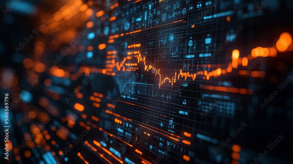 Poster holographic displays feature intricate data trends and global analyses, highlighting connections and