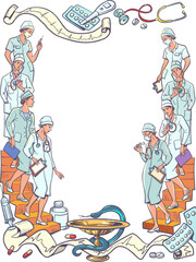 Illustration of doctors, medicines and medicine in general. A range of convenient medical services for clients. Take care of your health together with professional surgeons and doctors.