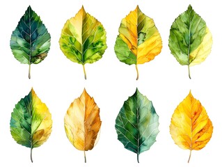 Obraz premium Watercolor Poplar Leaves Showcasing Seasonal Transition on White Background