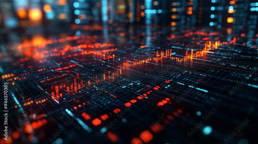 Poster vibrant holographic data displays represent various global statistics, illuminating a modern urban s