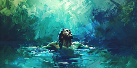 Jesus baptized in the Jordan River, using deep blue and green hues to evoke the sacredness of the moment.