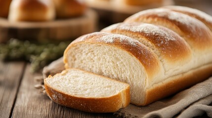 A soft loaf of bread with a beautifully powdered top sits on a wooden surface. The texture is inviting, showcasing the crumbly yet soft nature of the bread. Background is softly blurred.