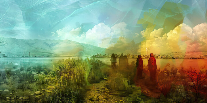 An abstract landscape depicting a journey to the Holy Land, with hints of Jesus's life and ministry scattered throughout the composition.
