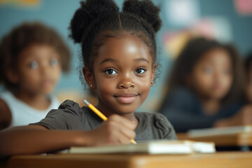 A teacher guides a young black girl through an engaging lesson in a vibrant classroom filled with eager students