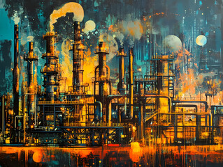 Obraz premium Abstract Vibrant Painting of an Industrial Oil Refinery with Towering Structures and Pipelines, Bold Colors and Dynamic Brushstrokes Depicting Energy and Complexity